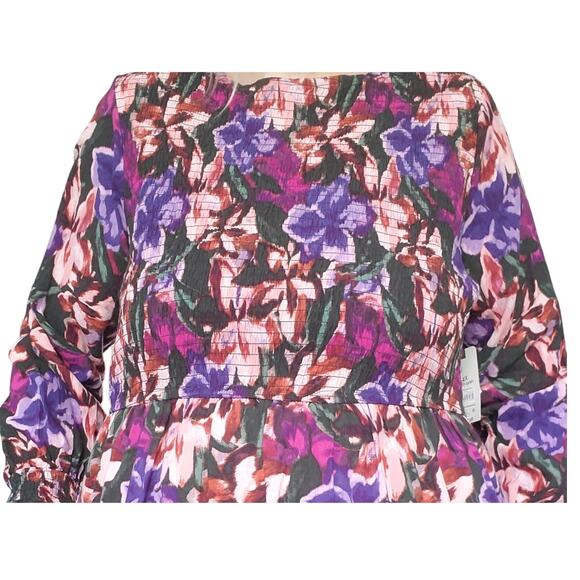 NEW Terra & Sky Size 2X Plus Tiered Boho Peasant Dark Floral Midi Smocked Dress - Picture 2 of 10